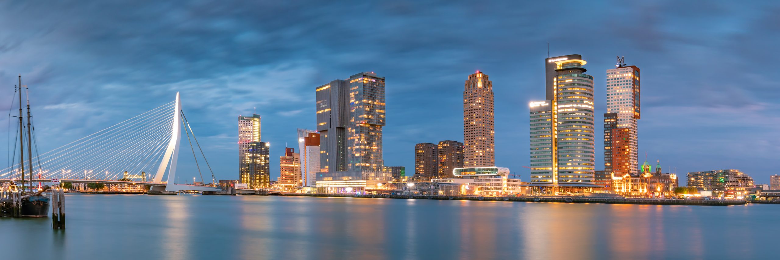 Skyline van Rotterdam tijdens blue hour